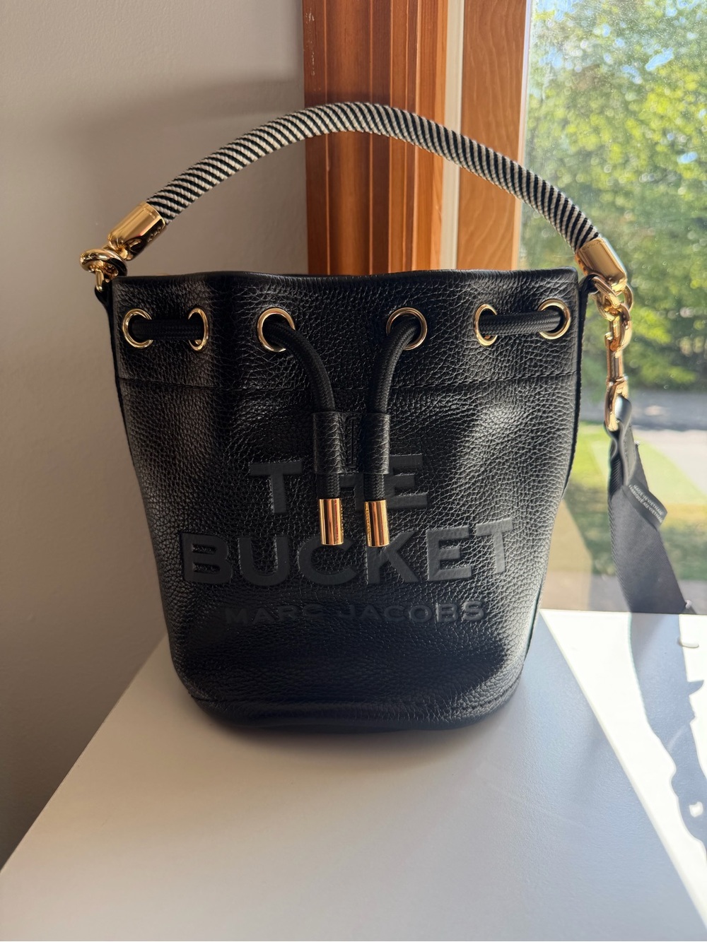 Marc Jacobs Black Pebbled Leather Bucket Bag with Striped Top Handle